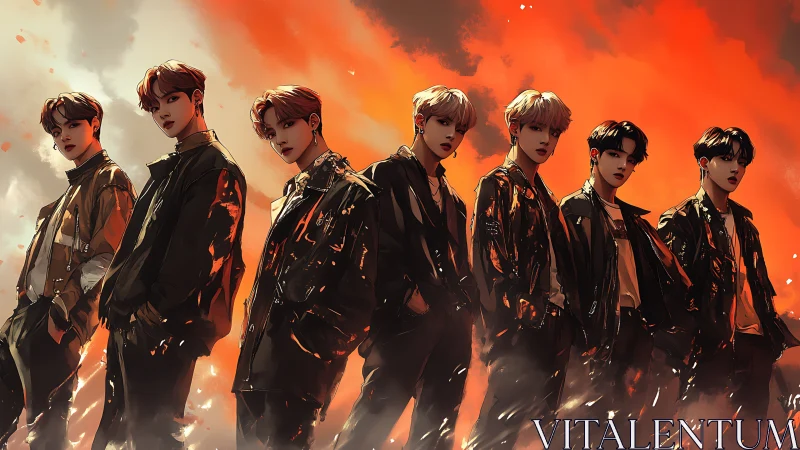 Seven-member boy band rendered in dramatic digital chiaroscuro