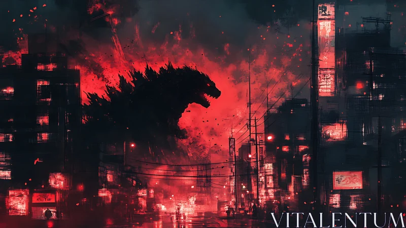 Giant kaiju silhouette dominates burning red cityscape.