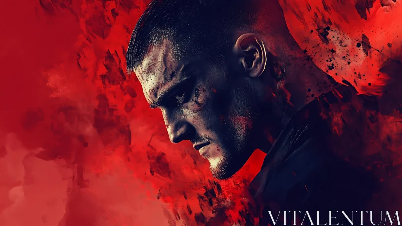 Brooding warrior’s profile carves turmoil from crimson smoke