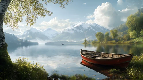 Quiet red rowboat dreaming beneath alpine cloud castles.