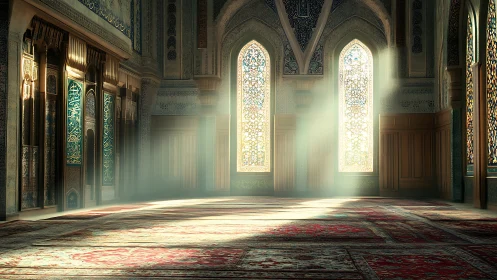 Sunlit mosque interior with ornate stained glass windows.