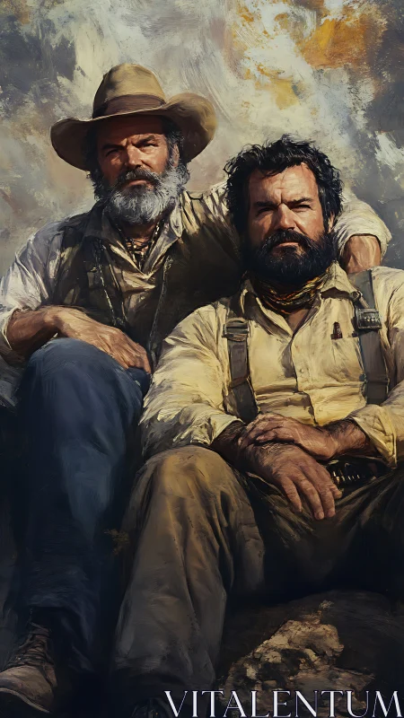 Bearded cowboys resting on rocky ground in warm light.