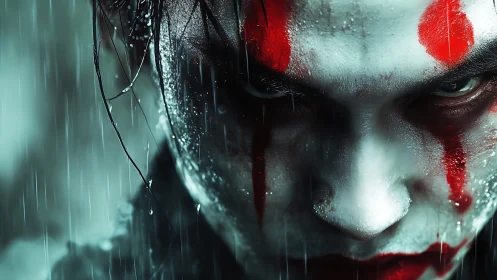 Brooding clown-faced figure glares through driving rain.