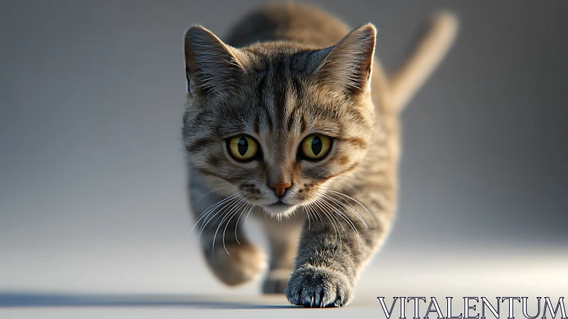 A Curious Tabby Cat Walks Toward You With Golden Eyes