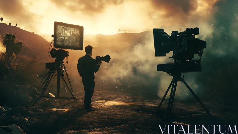 Cinematic camera crew silhouetted against smoky sunset ridge