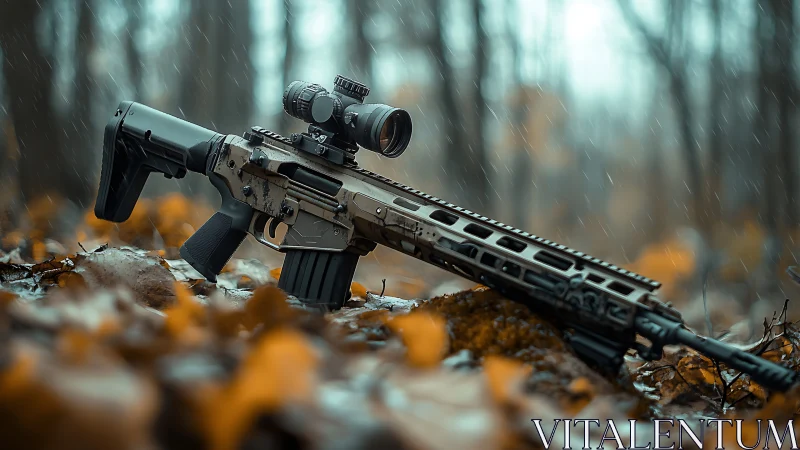 Tactical Rifle with Optics on Rocky Ground in Rain.