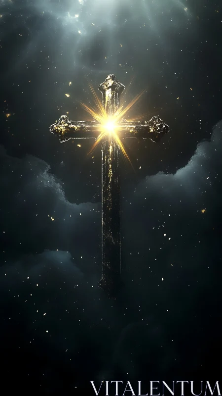 Radiant celestial cross ignites the storm-dark heavens.