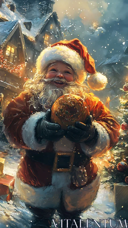 Santa figure in snowy village holding illuminated ornament.