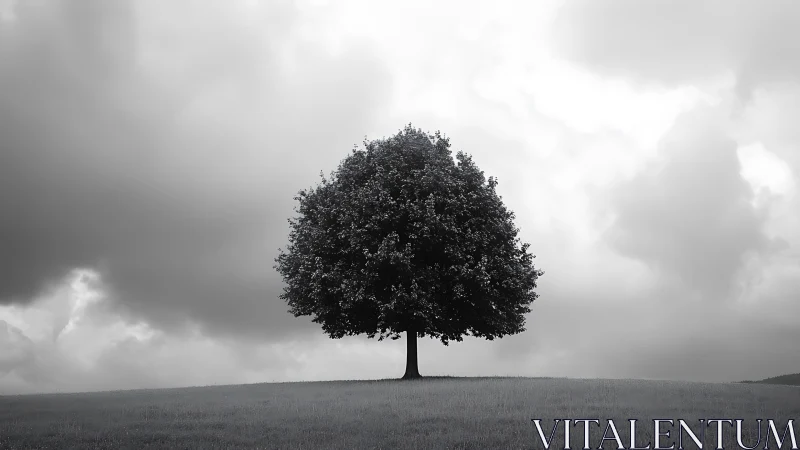Solitary deciduous tree anchors minimalist grayscale landscape