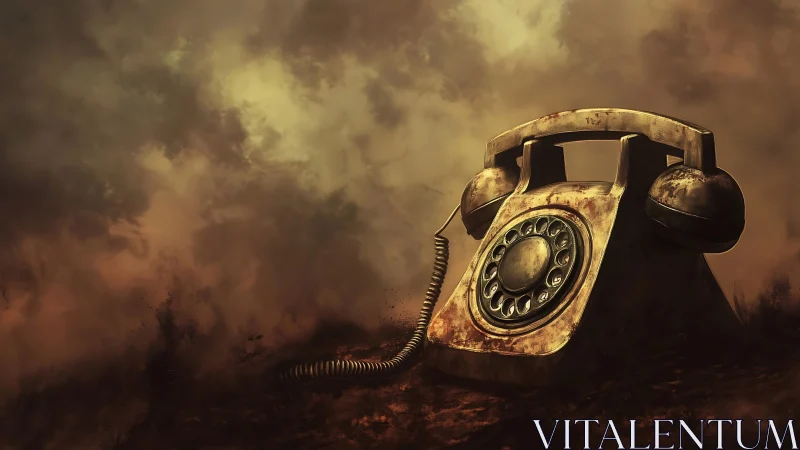 Rustic rotary telephone in stormlit desolate landscape.