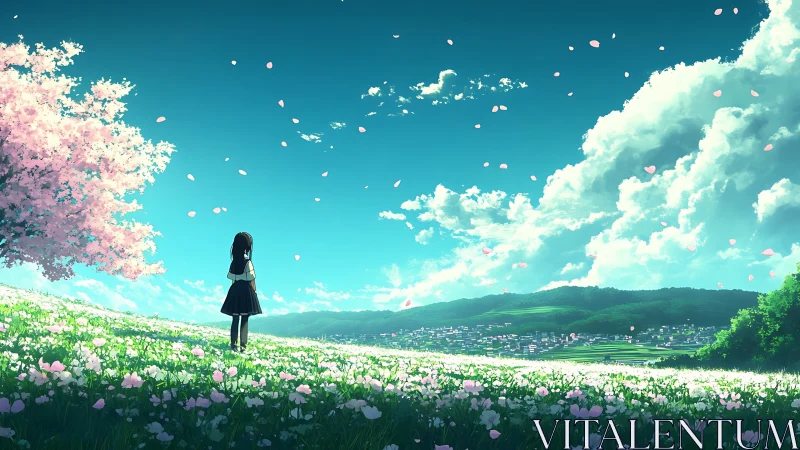 Girl in spring meadow gazes over distant sunlit town