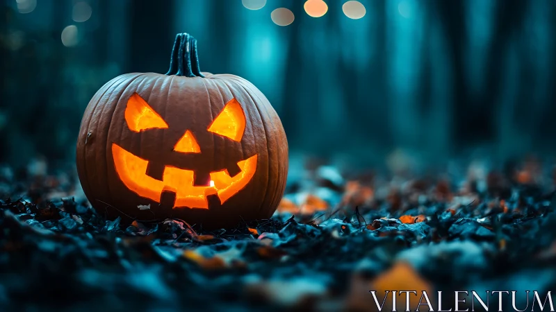 Glowing jack-o’-lantern smiles in a misty twilight forest.