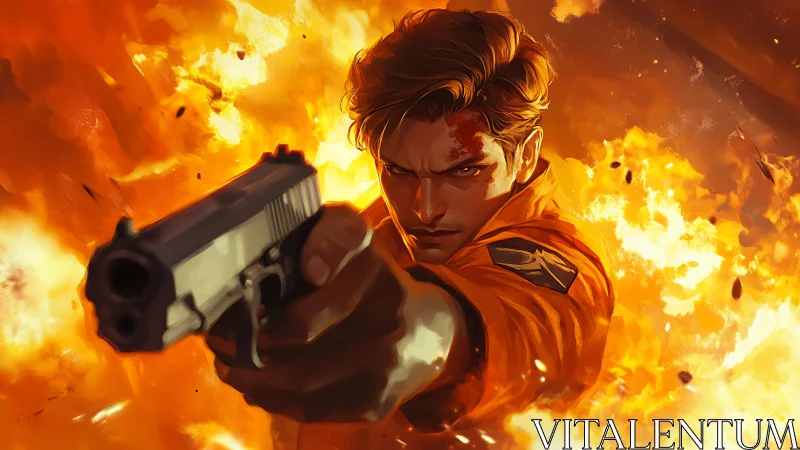 Determined gunman advances through raging cinematic explosion