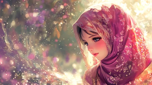 Luminous bokeh veil around contemplative anime portrait.