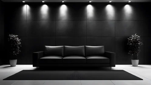 Monochrome lounge with black leather sofa and controlled downlighting