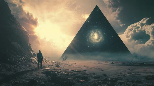 Stargazing wanderer meeting a glowing cosmic pyramid gateway.