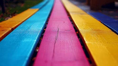 Converging painted planks create vivid linear color rhythm