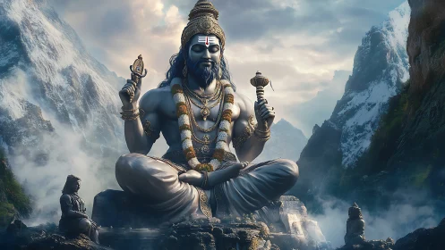 Majestic mountain deity sits in serene, spiritual grandeur