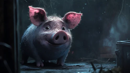 Smiling cartoon pig stands in moody blue barn light.