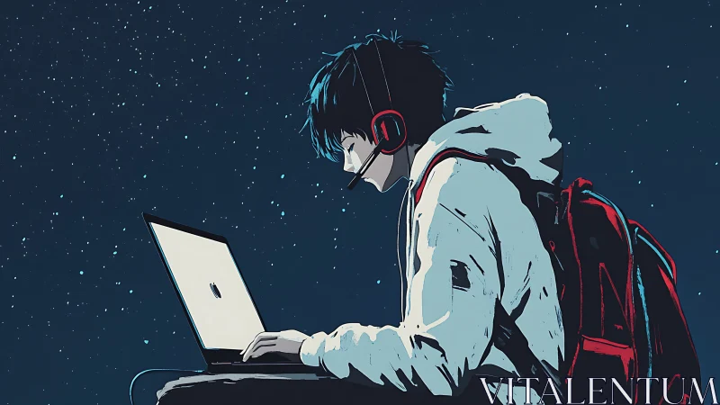 Starlit gamer drifts through midnight code and digital skies.