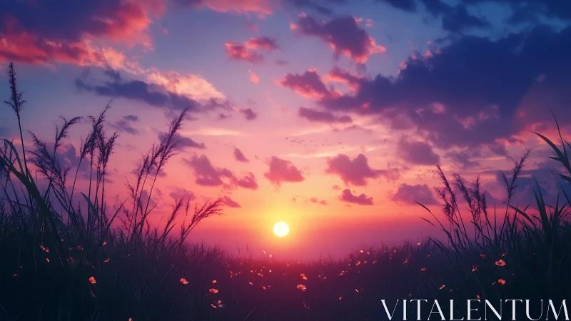 Fiery sunset sinks beyond a tranquil wildflower meadow