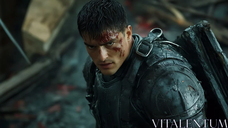 Battle worn armored warrior staring up with fierce focus.