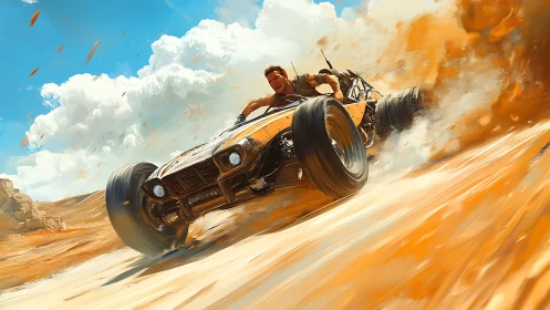 Desert fury buggy carves molten sand in a roaring drift.