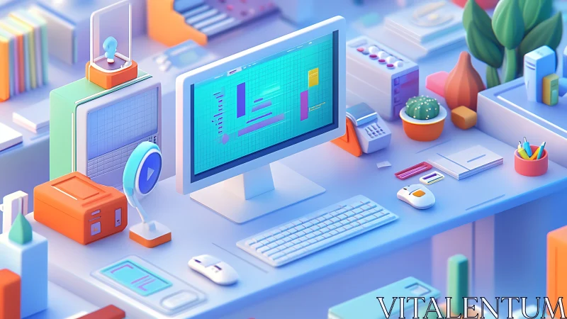 Colorful 3D office workstation glows with modern gadgets.