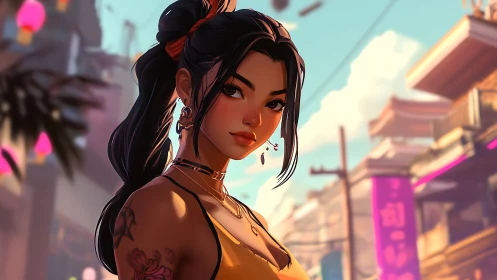 Stylized young woman in vibrant urban street scene.