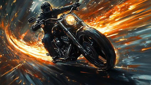 Motorcycle rider carves through blazing streaks of fire.