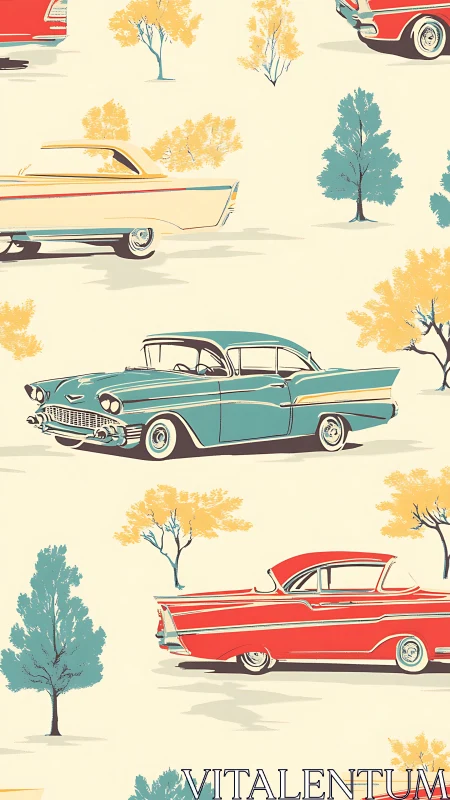 Midcentury classic cars in teal, cream and red pattern design.