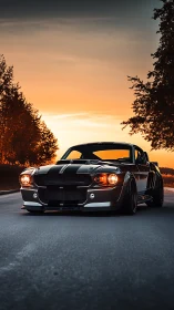 Classic muscle car glowing under a soft sunset sky.