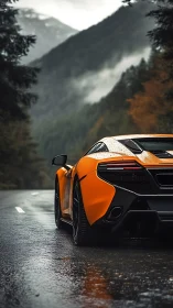 Orange supercar on wet mountain road under misty peaks.