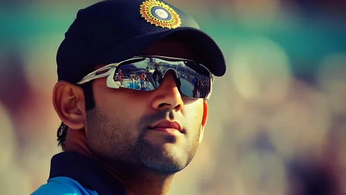 Cricket captain in mirrored shades, stadium dreams burn bright.