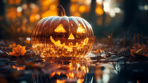 Refractive glass jack-o-lantern reflecting in autumn puddle.