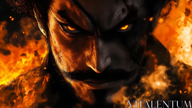 Fiery warrior gaze framed by swirling inferno light.