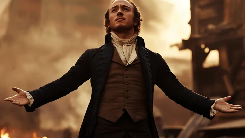 Dramatic period figure in waistcoat before burning city ruins