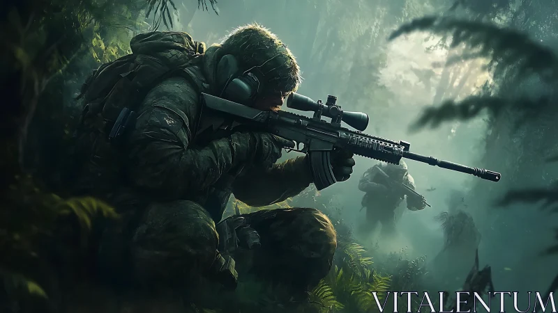 Tactical sniper team advances through dense foggy jungle terrain