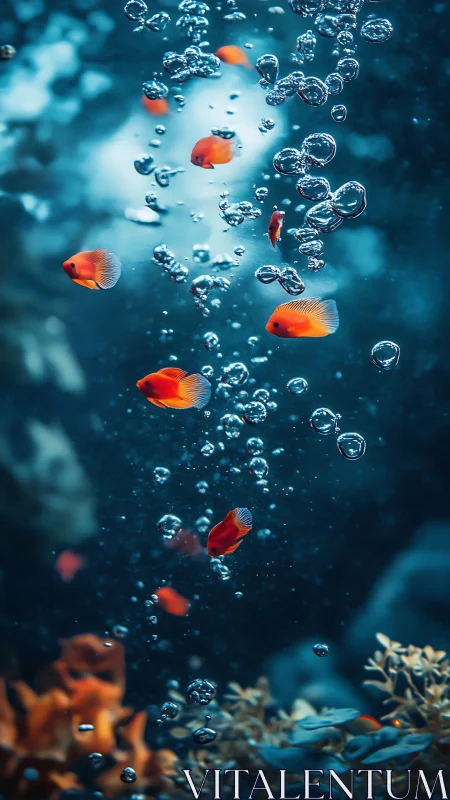 Small orange fish and rising air bubbles occupy vertical frame