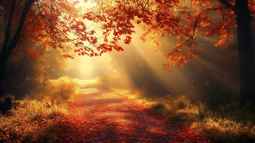 Autumn woodland path with radial backlighting composition.