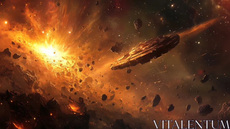 Blazing starship rides through a violent cosmic asteroid storm