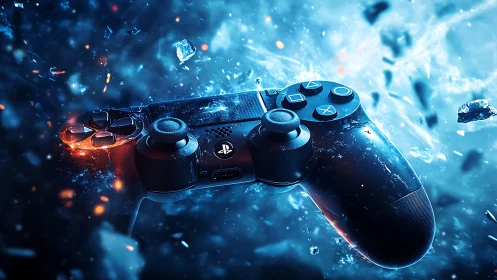 Game controller drifting through glowing cosmic sparks.