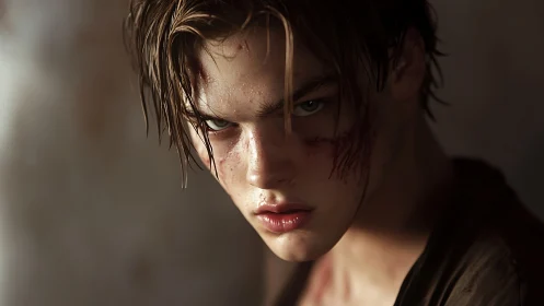 Bruised young man with intense stare in dim light.