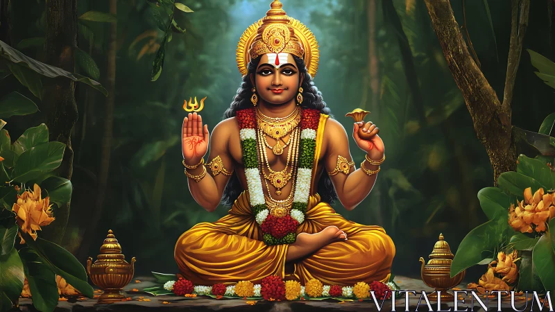 Divine figure seated in forest with gold ornaments and garlands.