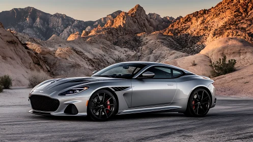 Silver grand tourer coupe parked on arid mountain road.