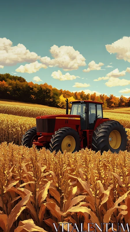 Red tractor powers through golden autumn cornfield rows.