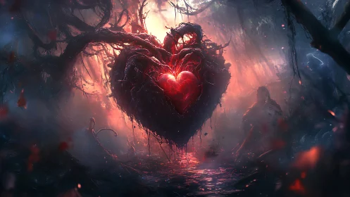 Glowing heart core suspended in dark mystical landscape
