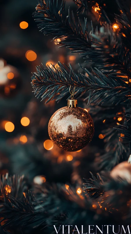 Golden bauble on evergreen branch with warm bokeh lights.