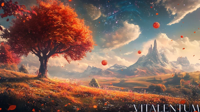 Autumnal alien valley with levitating orbs and spired massif