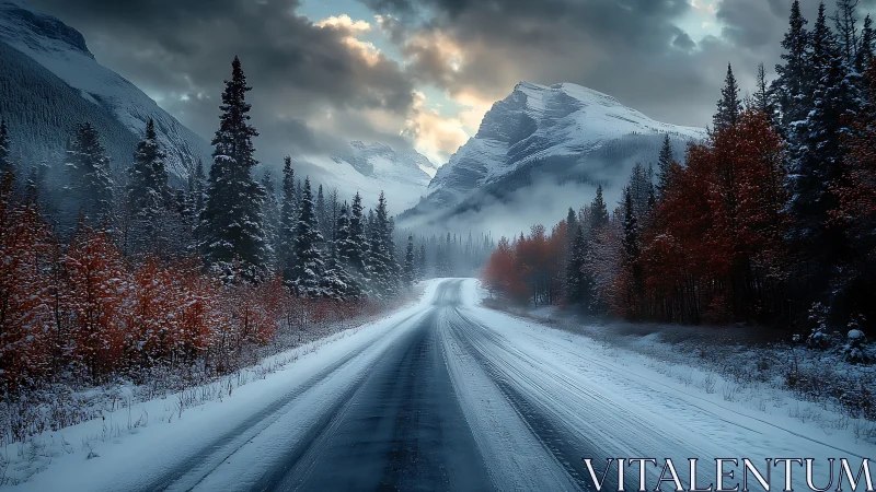 Snowy mountain road flanked by dark pines and red trees.